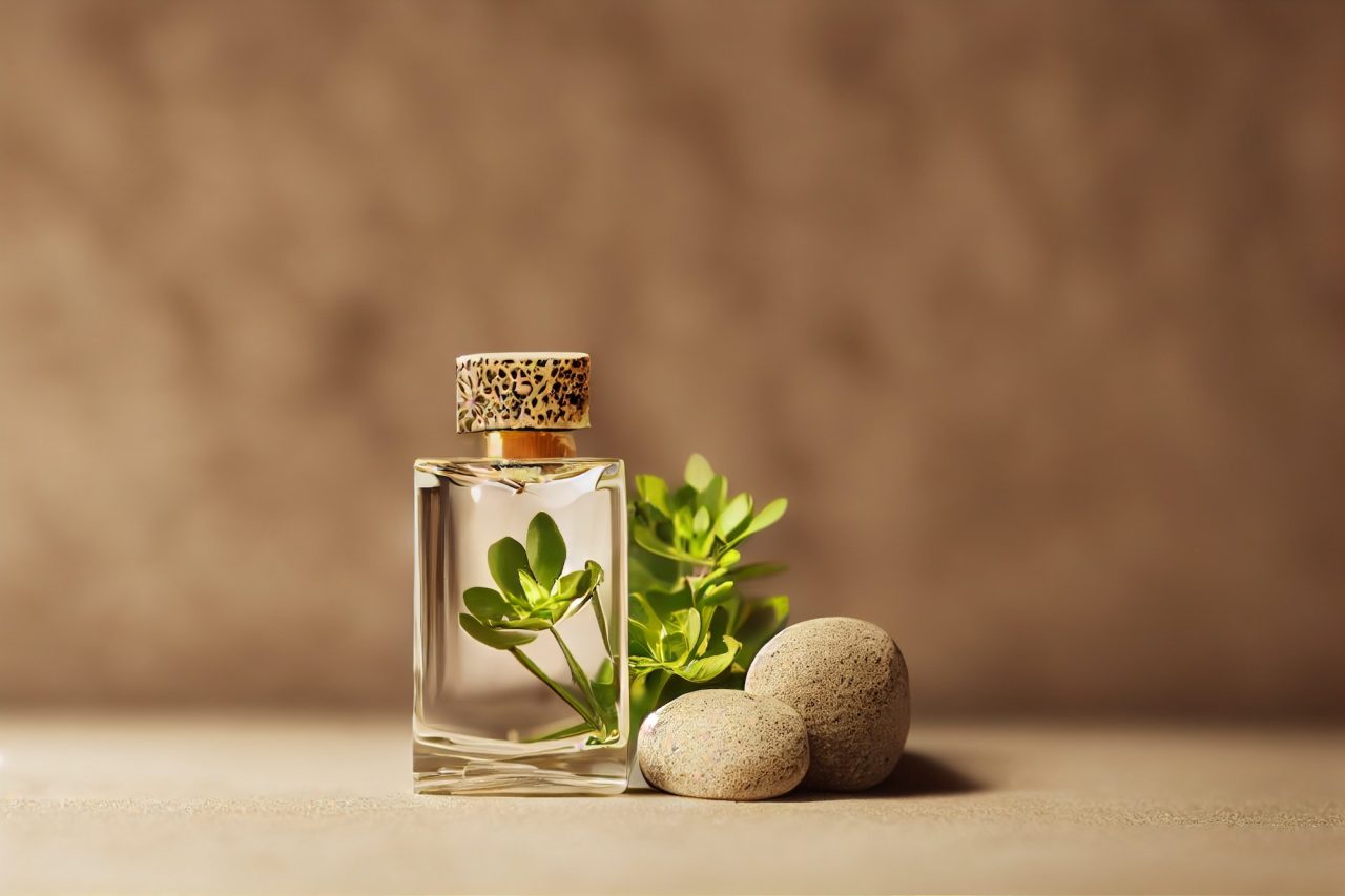 Werbebild im Online Marketing. Parfümflasche mit Steinen und Pflanzen