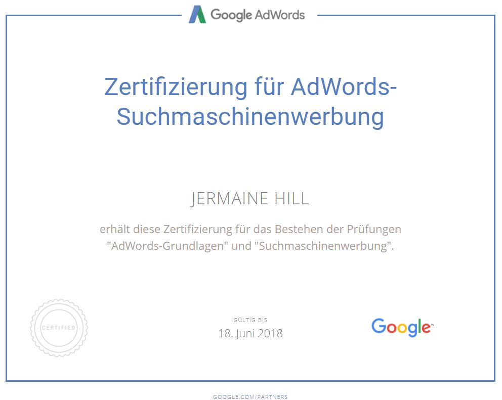 Adwords-Professional-Zertifikat Jermaine Hill 2017