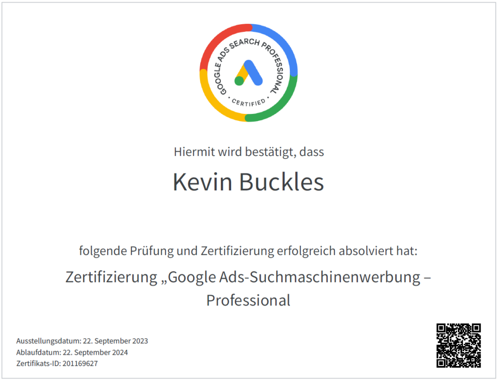 Google Ads Professional Zertifikat für Kevin Buckles