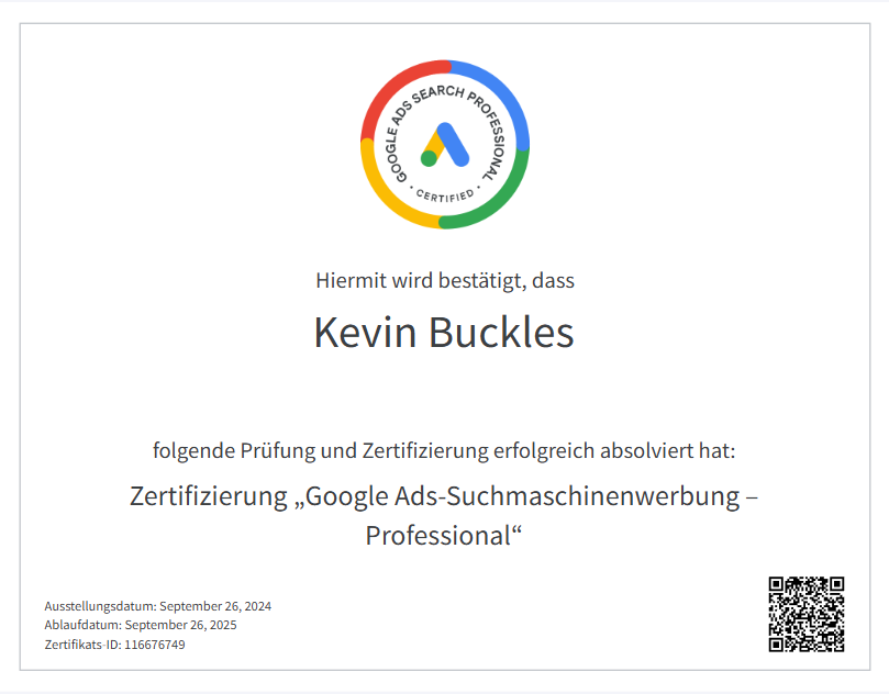 Zertifikat für "Google Ads Suchanzeigen Professional" im September 24